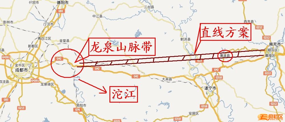 这使得成南高速公路被天意般的轻微南移了,因为沱江是南北走向,成南