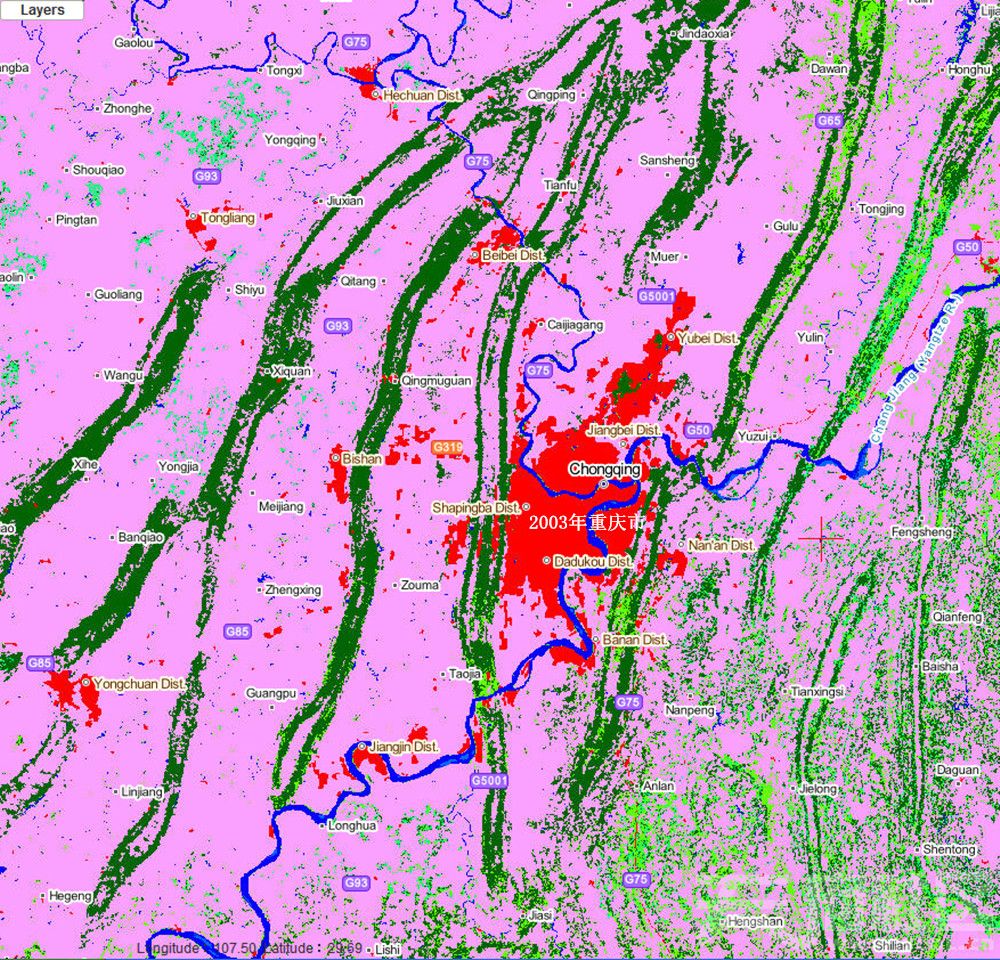 【2003年】【2015年】十几年间【四川盆地】【成都重庆】建成区面积